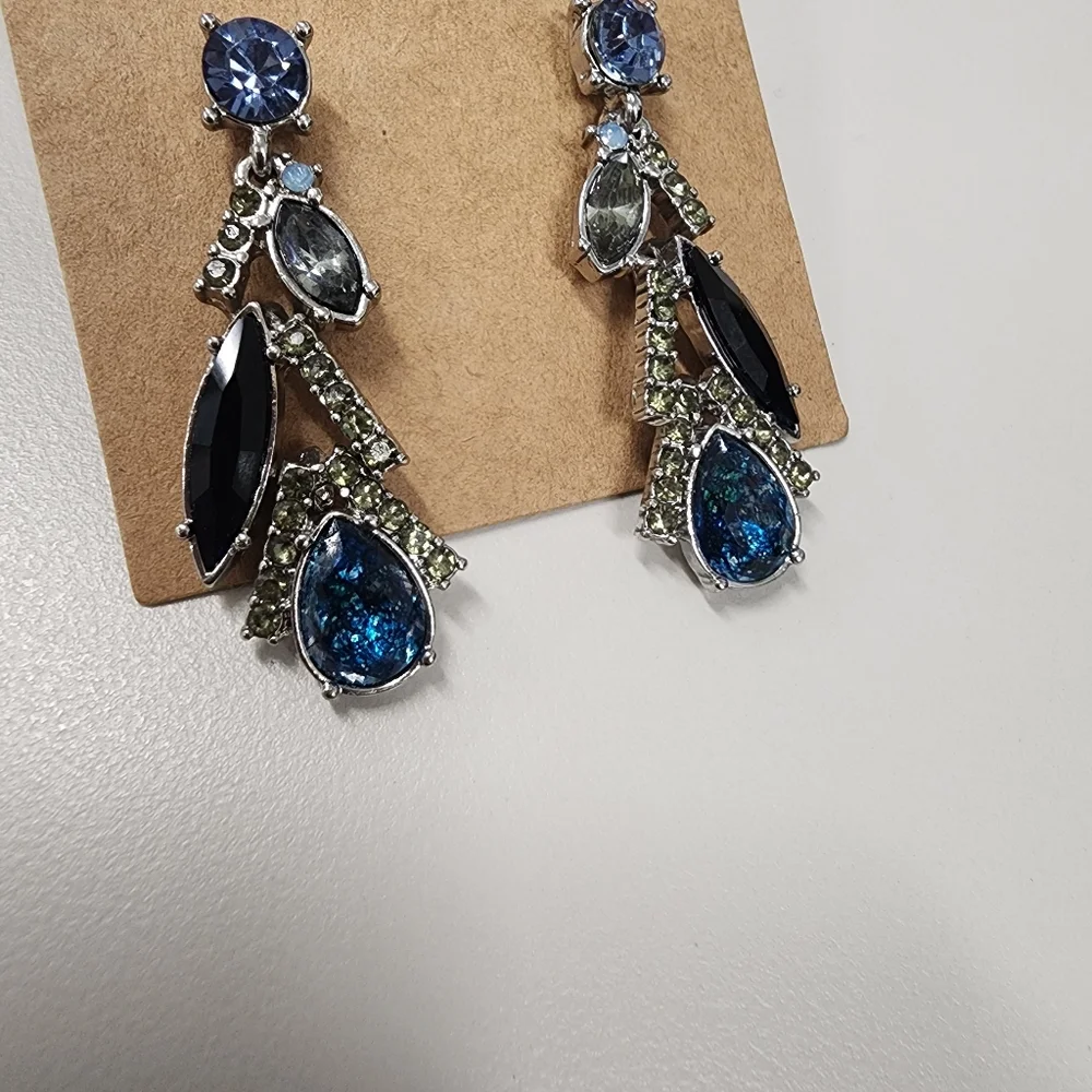 Rhinestine Drop Earrings Silver-tone Statement Prom Party Classy Blue Black Gray